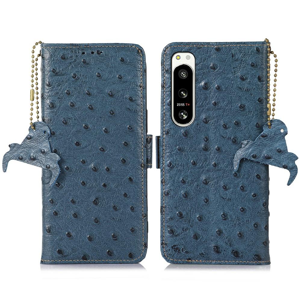 For Sony Xperia 5 IV 5G Case RFID Blocking Genuine Cow Leather Phone Case Ostrich Texture
