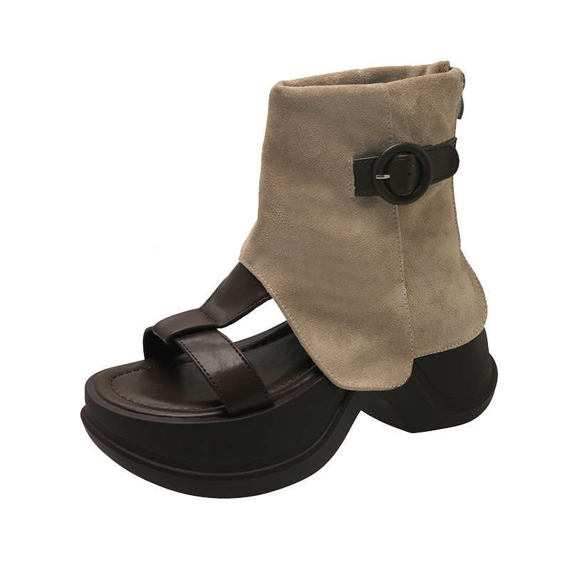 Ботинки женские летние новые крутые ботинки женские с открытым носком ботинки-чулки на толстой подошве увеличивающие рост западные ковбойские короткие ботинки ботинки-брюки