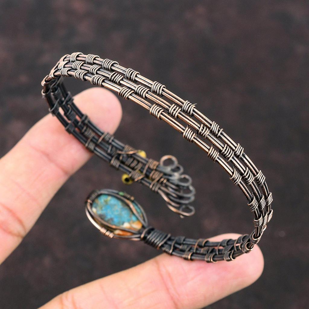 Колючая устрица медно-бирюзовый браслет-манжета, медная проволока, обернутая в ювелирные изделия, регулируемый браслет ручной работы, красивый браслет с драгоценными камнями, подарок для нее