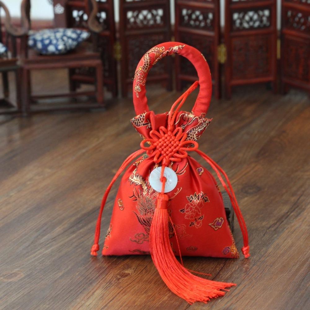 Chinese Style Canvas Flower Drawstring Bag Dragon Phoenix Chinese Knot Tassel Handbag Korean Style Jewerly Packing Bag