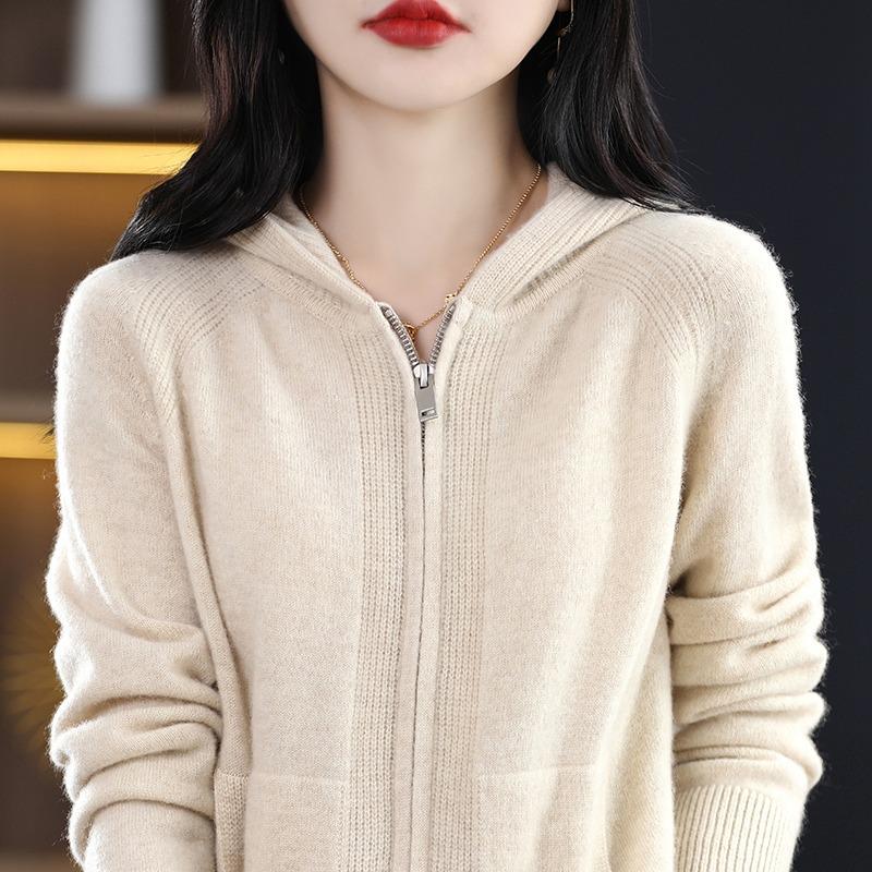 Женский вязаный кардиган на молнии с капюшоном - Длинный рукав, Универсальный, Свободный крой, Новинка моды Весна и Осень 2024