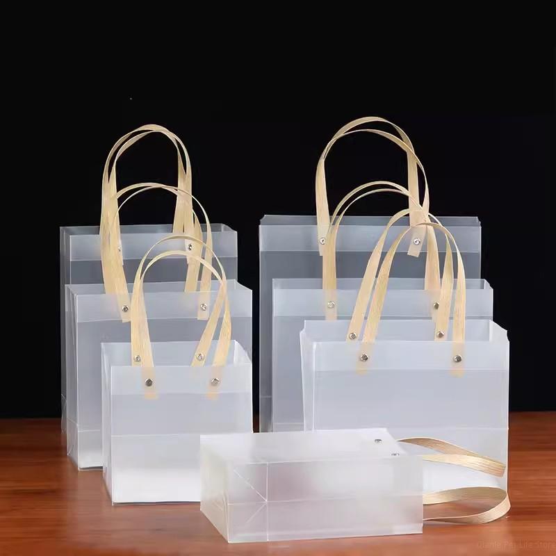 10PCS Transparent Frosted Tote Bag PP Waterproof Companion Gift Candy Bag Flower Wrapping Bag Birthday Wedding Party Supplies