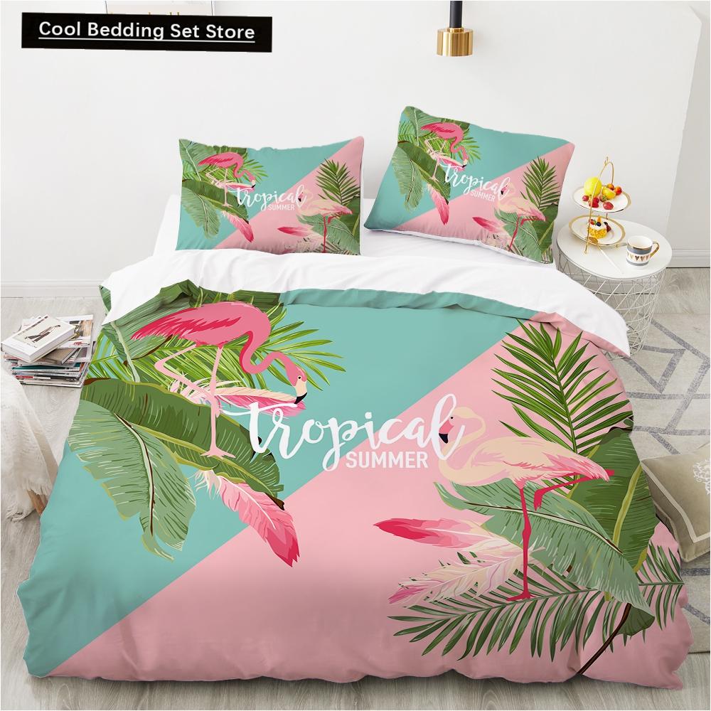 Пододеяльник с изображением животных фламинго King Queen, розовый, с тропическими птицами, комплект постельного белья для детей, подростков, взрослых, синий, мягкий, 2/3 шт., пододеяльник