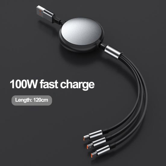 Кабель для передачи данных, 100 Вт, алюминиевый корпус, сверхбыстрая зарядка 3-в-1, растягивающийся кабель с низким энергопотреблением, кабель типа C/Micro USB/8-контактный