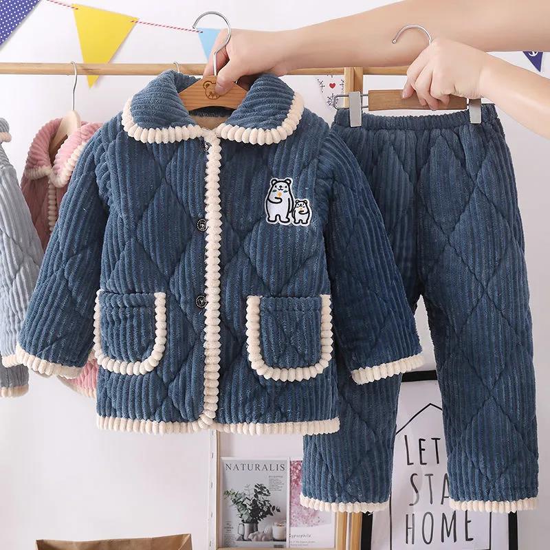 Детские фланелевые пижамы, осенне-зимняя коралловая бархатная утепленная детская хлопковая детская домашняя одежда для мальчиков и девочек