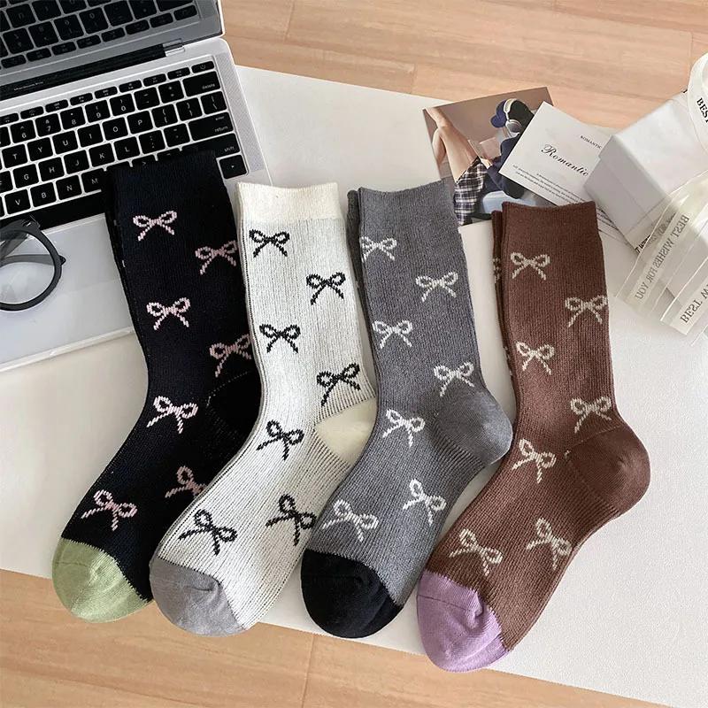 Women Socks Ballet Style Lolita Kawaii Bowknot Sweet Girls Middle Tube Socks Japanese Fashion Knitted Cotton Elastic Long Socks
