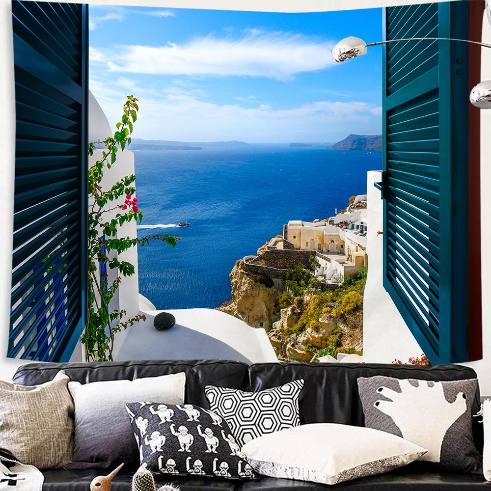 Подвесной домашний декор Настенный гобелен Имитация окна Вид на горы Гобелен Морское окно Лесная стена