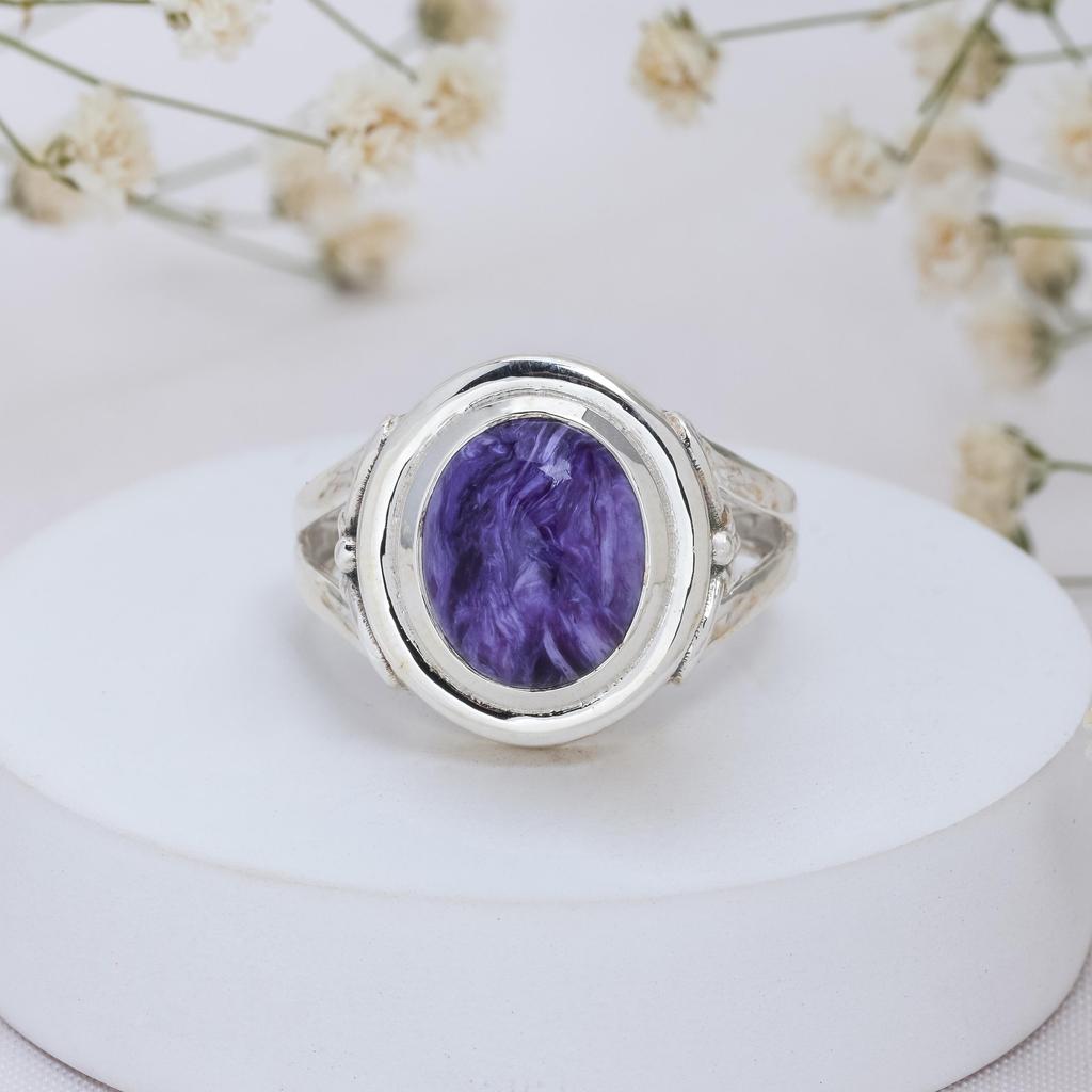 Sterling Silver Charoite Ring: Handmade Boho Gemstone Jewelry