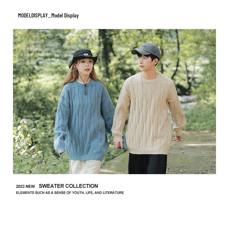 2026 Youth Japanese Style Chunky Knit Loose Sweater for Men - Autumn/Winter Long Sleeve Round Neck Trendy Couple Knitwear