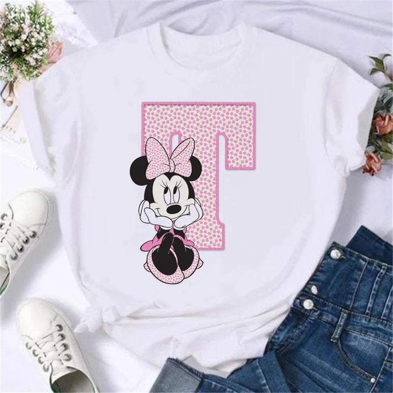 Kawaii Ladies Tees Disney Cartoon Mickey Mouse Letter Minnie T-shirt White Short-sleeved Women 90S Tops Summer Loose Blouse
