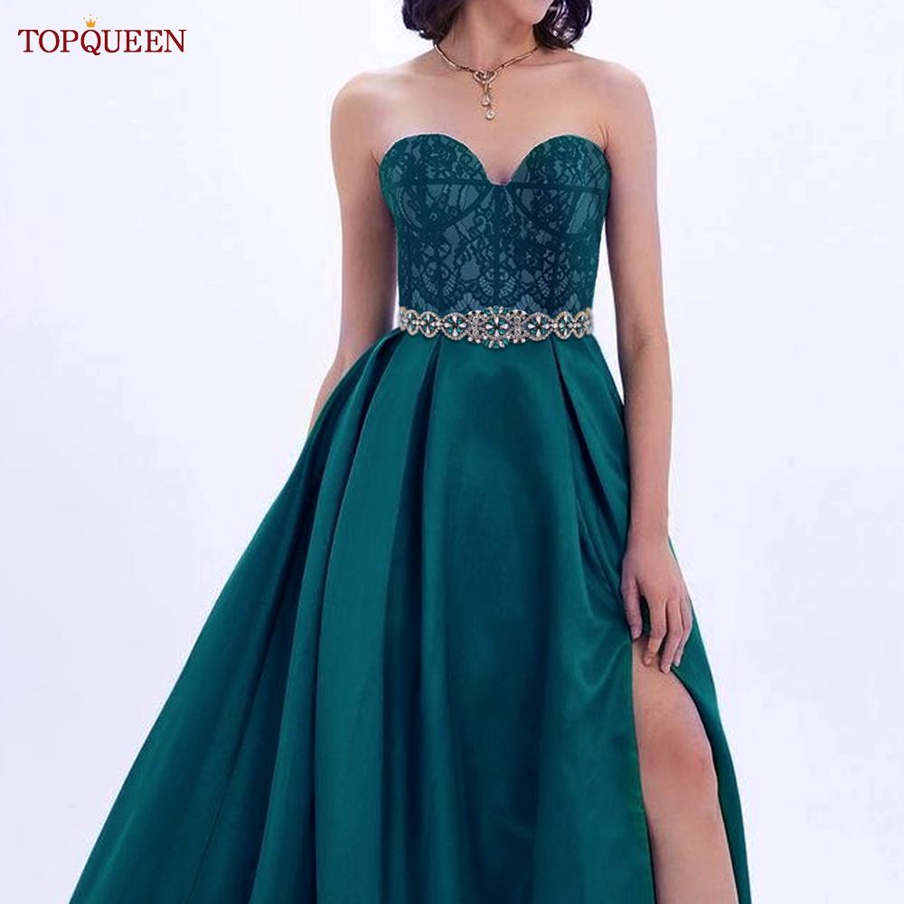 TOPQUEEN S161-KL Новое свадебное платье, пояс для женщин, золотой пояс ручной работы, роскошные аксессуары с поясом, повседневное вечернее платье, зеленые стразы