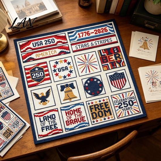 Cotton Embroidery Cloth 250th Anniversary Cross Stitch Kit, Independence Day Theme, Red White Blue Threads American Flag Set, Patriotic USA