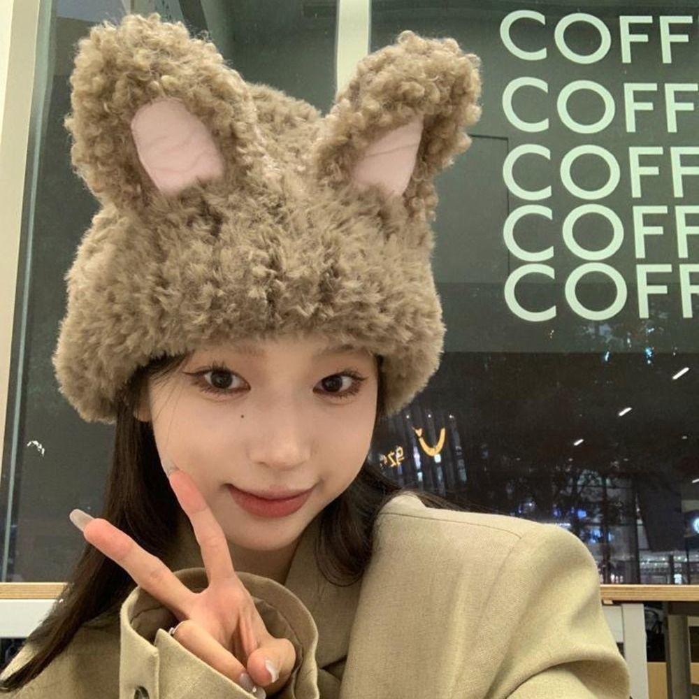 Fluffy Rabbit Ear Beanies Solid Color Winter Outdoor Warm Cap Lightweight Knitted Plush Hat Women