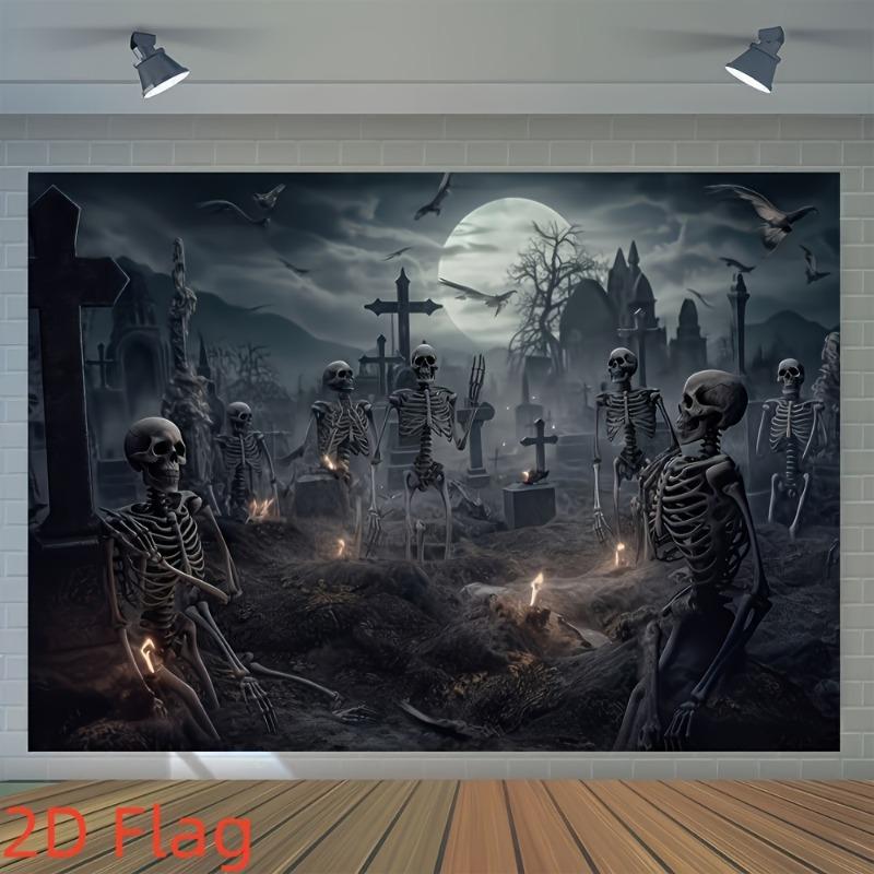 2D Flat 1PC Halloween Moonlit Cemetery Skull Party Background Fabric, creating an eerie and gloomy atmosphere