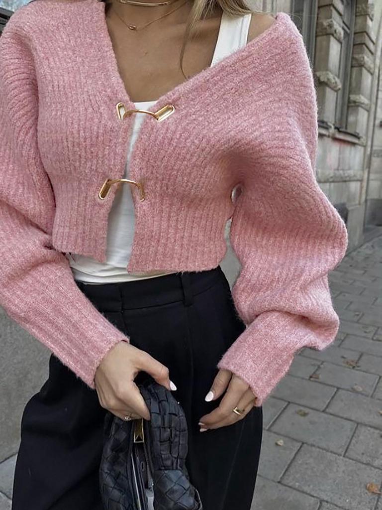 European-American Size Women's Knitwear: Exclusive Metal Button Cardigan