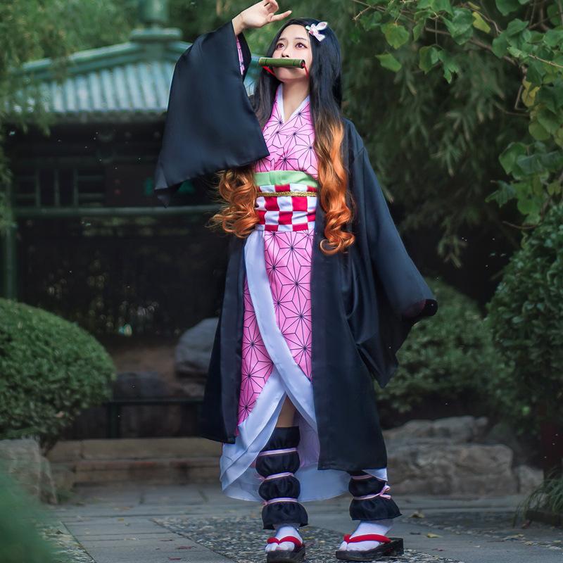 Аниме Demon Slayer Nezuko Косплэй костюм кимоно Kimetsu No Yaiba Kamado Nezuko костюм парик женское кимоно для девочек униформа одежда