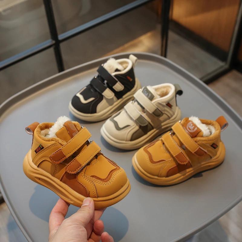 Boys Casual Sport Shoes Winter Warm Britain Style Girls Casual Shoes Double Hook & Loop Children Fashion Leather Shoes 2024 New