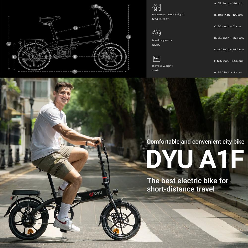 Electric Bike DYU A1F Pro 16" 250W Motor 7.5AH Foldable E-Bike Max Range 60Km Load 120Kg Black