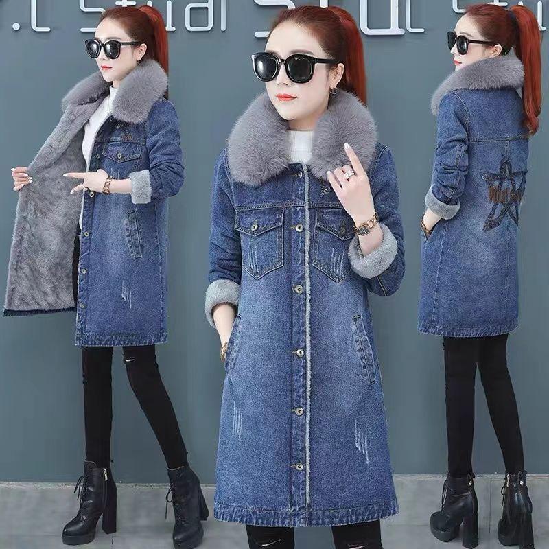Denim Plus Velvet Jacket Women's Winter Big Fur Collar Mid-length Lamb Fleece Stitching Cotton-padded Jacket Thick Cotton-padded Jacket Women
