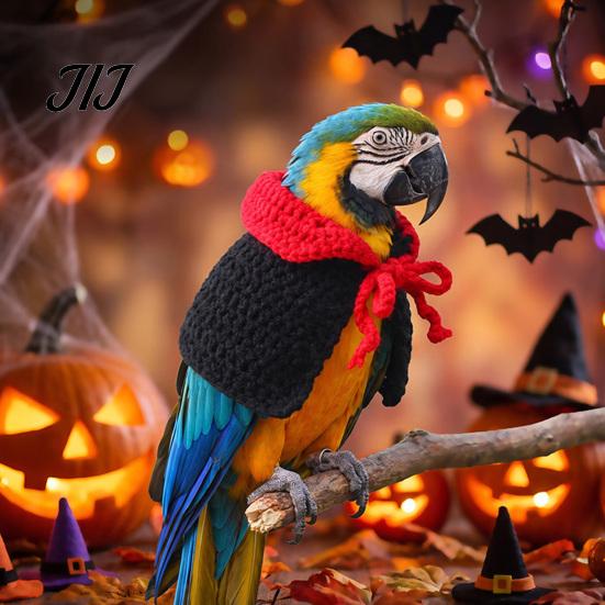 Small Animal Holiday Outfit Halloween Parrot Vampire Cape, Knitted Cosplay Cape with Red Decorative Bird Wear Collar, Crochet Cloak for Parrots Party