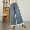 Plus Size Spring Summer Women Straight Jeans High Waist Casual Loose Basic Dark Blue Denim Pants Lace Patchwork Wide Leg Jeans
