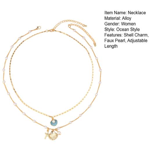 Women Necklace Double-layered Shell Starfish Charm Faux Pearl Decor Adjustable Length Ocean Theme Clavicle Ncklace Prom Party Cosplay Neck Jewelry