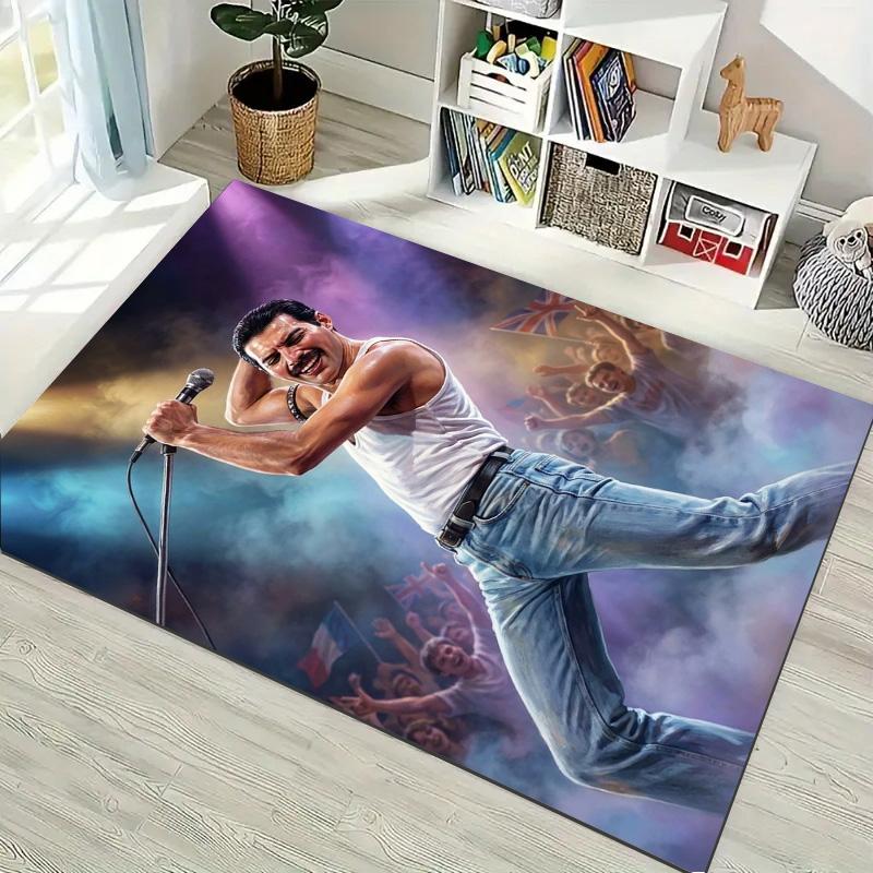 Freddie Mercury Rectangular Rug, Queen Band Concert Print Non Slip Floor Mat for Fan Living Room Bedroom Decor