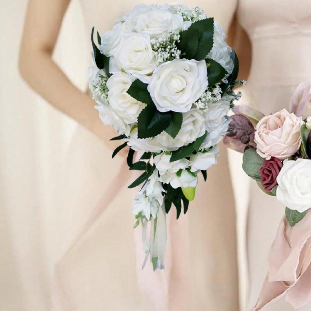 Fake Flower Bunch Wedding Bridal Bouquet Artificial Rose Flowers with Ribbons Tossing Cascading Bouquet Boho Rustic Ceremony Anniversary Decoration