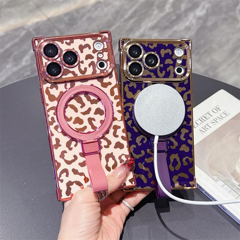 For Magsafe Case For iPhone 17 Pro Max iPhone Air 16 15 14 Plus 13 Pro Max Plating Leopard Print Stand Holder Magnetic Cover