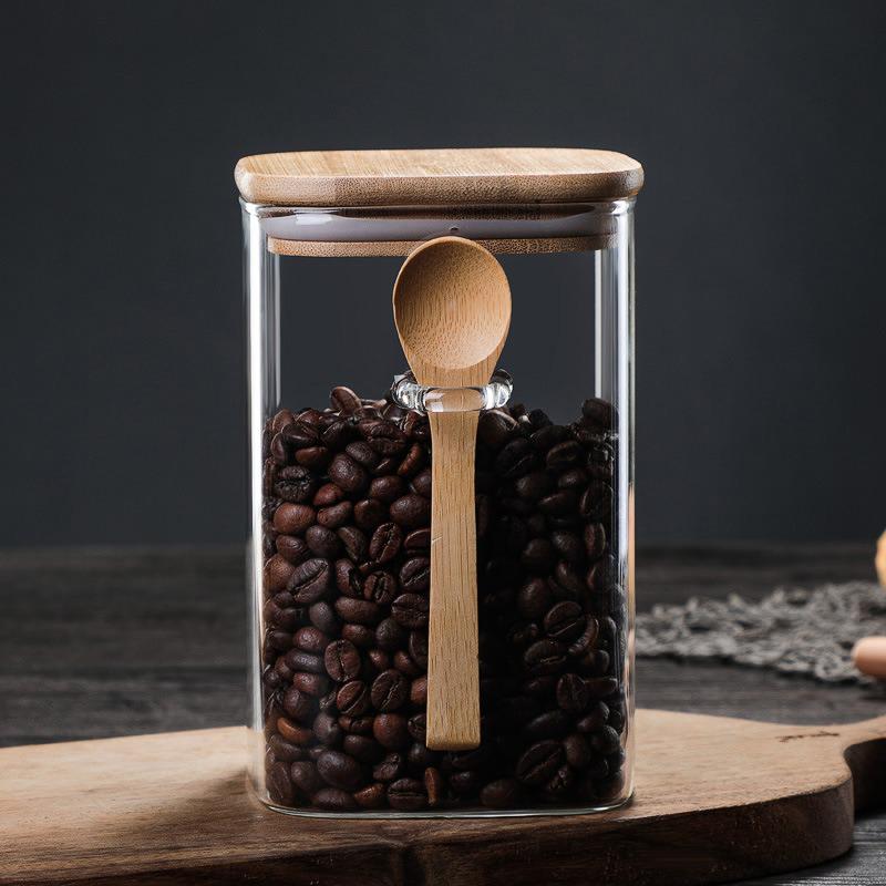 Japanese Square Glass Airtight Jar with Wooden Spoon for Coffee Bean and Tea Storage