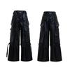 BeatStreet Autumn Cool Long Baggy Black Pu Leather Wide Leg Cargo Pants Men Many Pockets Luxury Designer Emo Clothes Streetwear