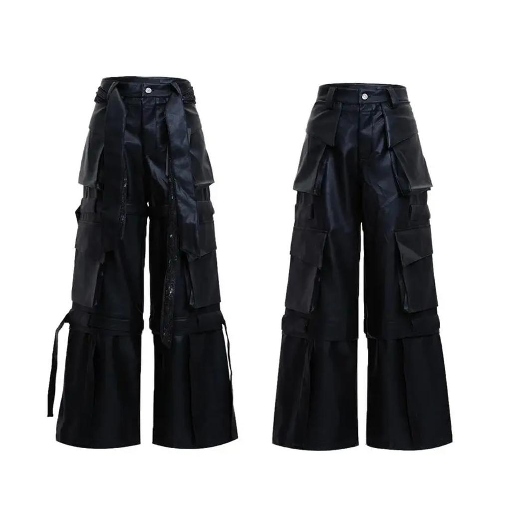 BeatStreet Autumn Cool Long Baggy Black Pu Leather Wide Leg Cargo Pants Men Many Pockets Luxury Designer Emo Clothes Streetwear