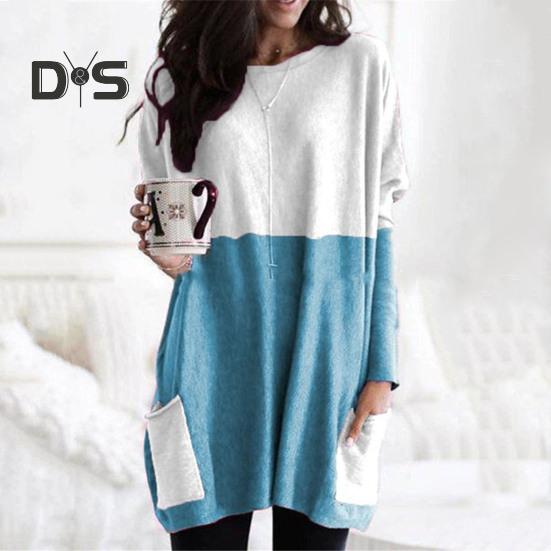 Женские топы с круглым вырезом, длинным рукавом, цветные блоки, пуловеры, топы с карманами, свободный крой, рубашка средней длины, повседневная одежда