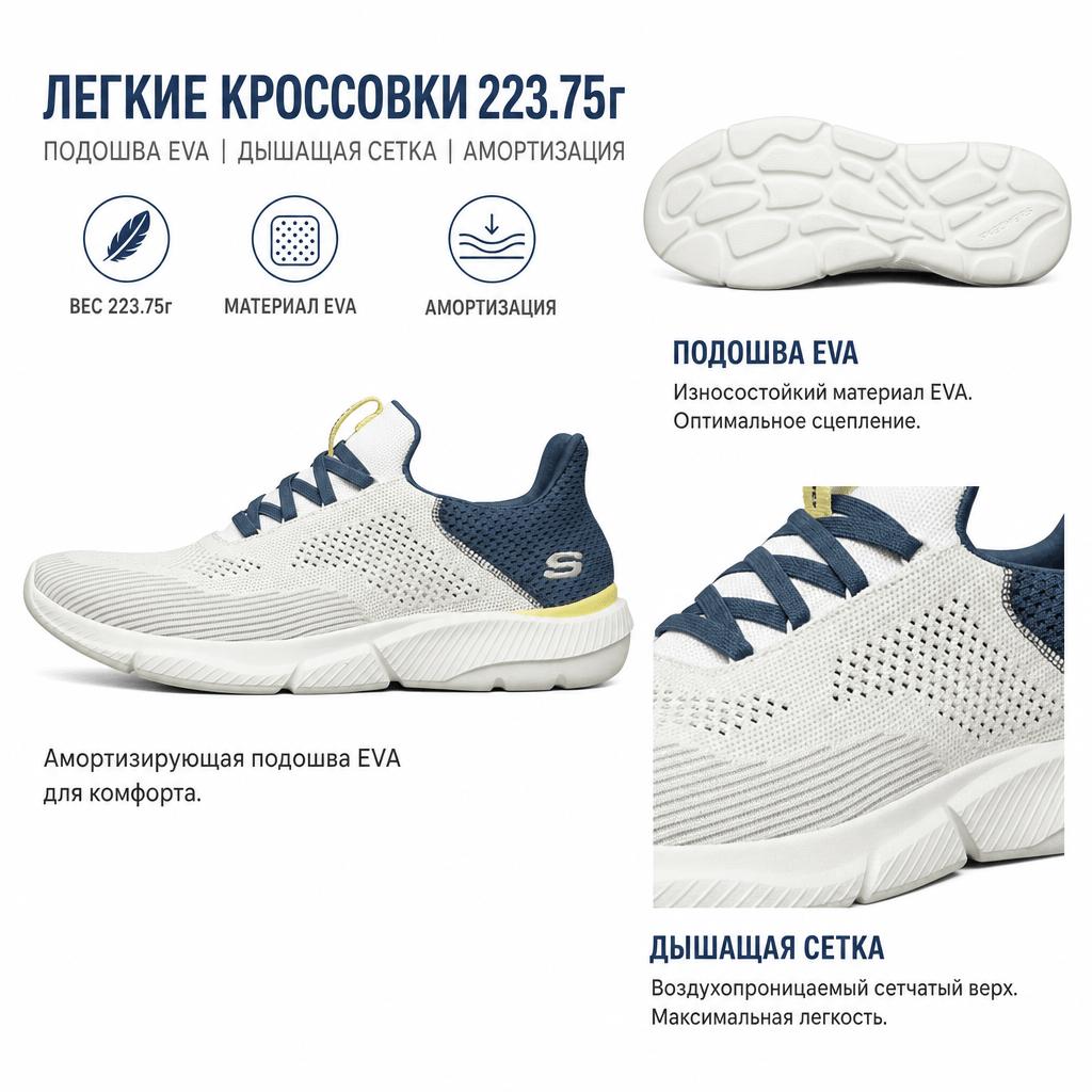 Skechers Ingram Удобные сетчатые низкие повседневные кроссовки для бега Мужские кроссовки Бело-синие 210281-WHT