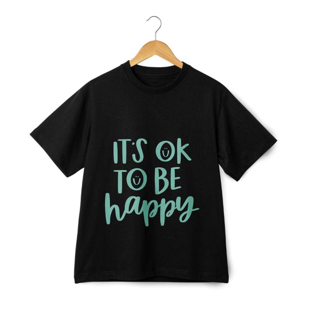 'It's Ok To Be Happy'' Cartoon Casual T-shirt, Unisex In Black and White