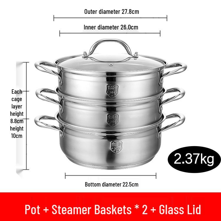 304 Stainless Steel Steamer: 1-Tier/2-Tier Thickened Pot, Single/Double-Layer, Induction-Compatible, Multi-Purpose for Steaming and Boiling.