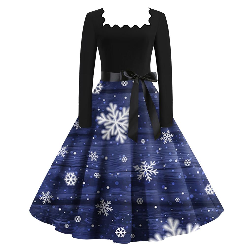 Женские повседневные модные платья с длинными рукавами и рождественским принтом с квадратным вырезом в винтажном стиле