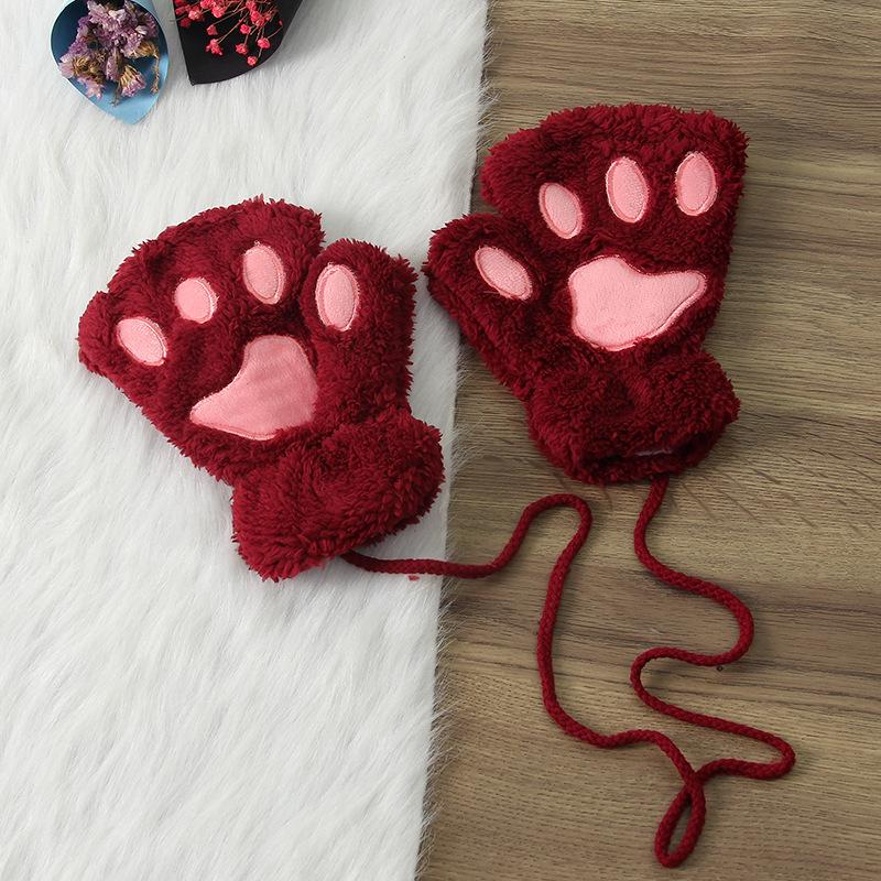Winter Cute Cartoon Half-Finger Fleece Gloves for Women, Bear & Cat Paw Design.