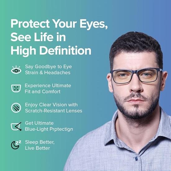 Intellilens | Компьютерные очки Zero Power Blue Cut | Антибликовые, легкие, с защитой от УФ-излучения | Унисекс | Черный и красный | Квадратный | Средний