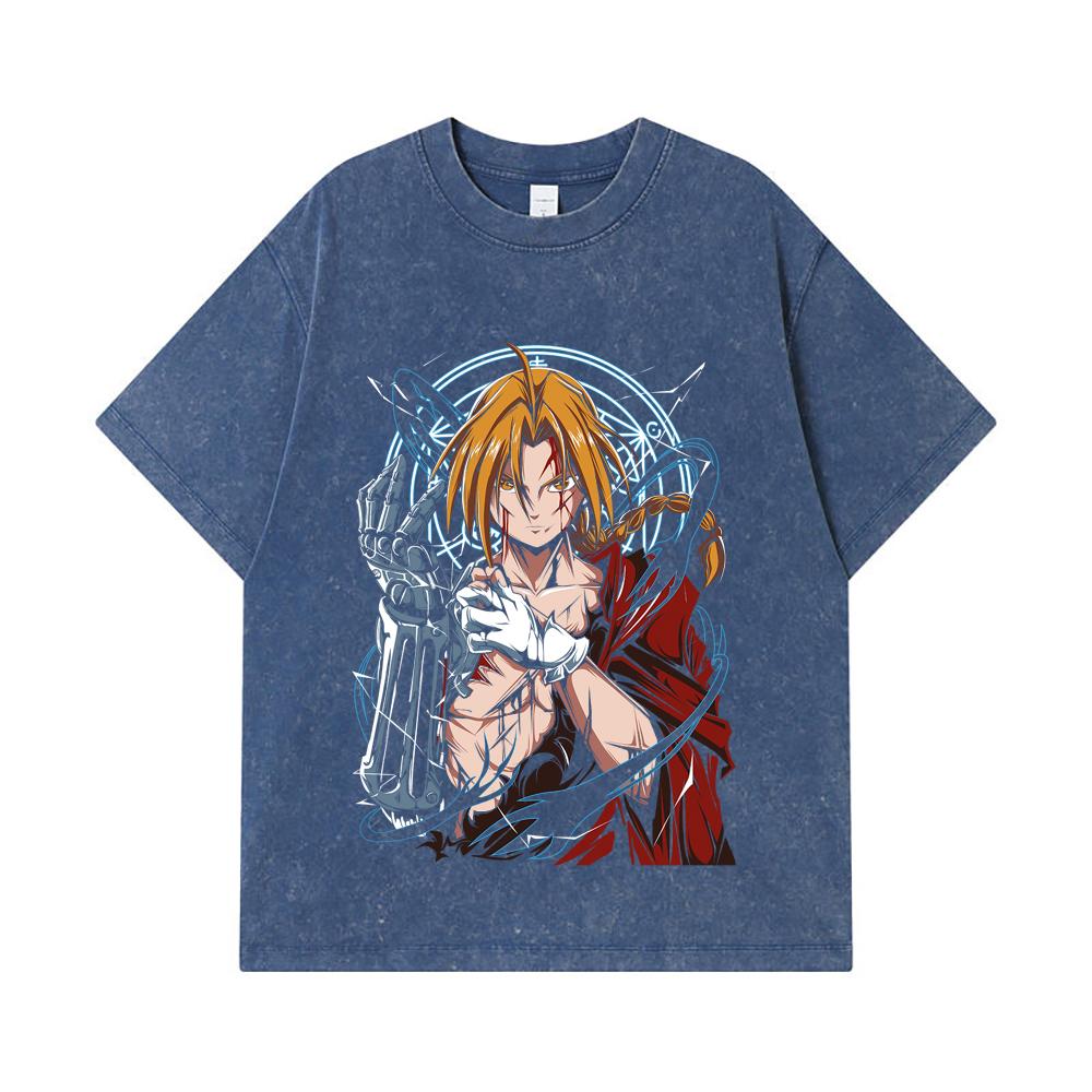 275 GSM Washed T-shirts 100% Cotton Fullmetal Alchemist V6 Edward Print Unisex Heavy Cotton T Shirt