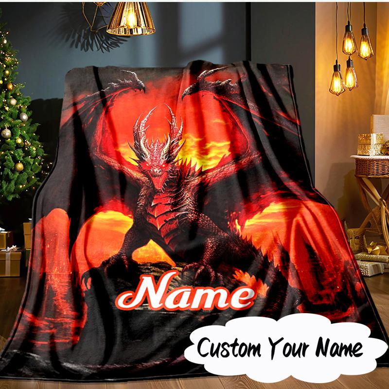 Custom Name Fiery Dragon's Majesty Blanket Ideal Bedding Blanket Perfect for Travel, Camping, Living Rooms, Offices, Sofas, Fan Christmas gift