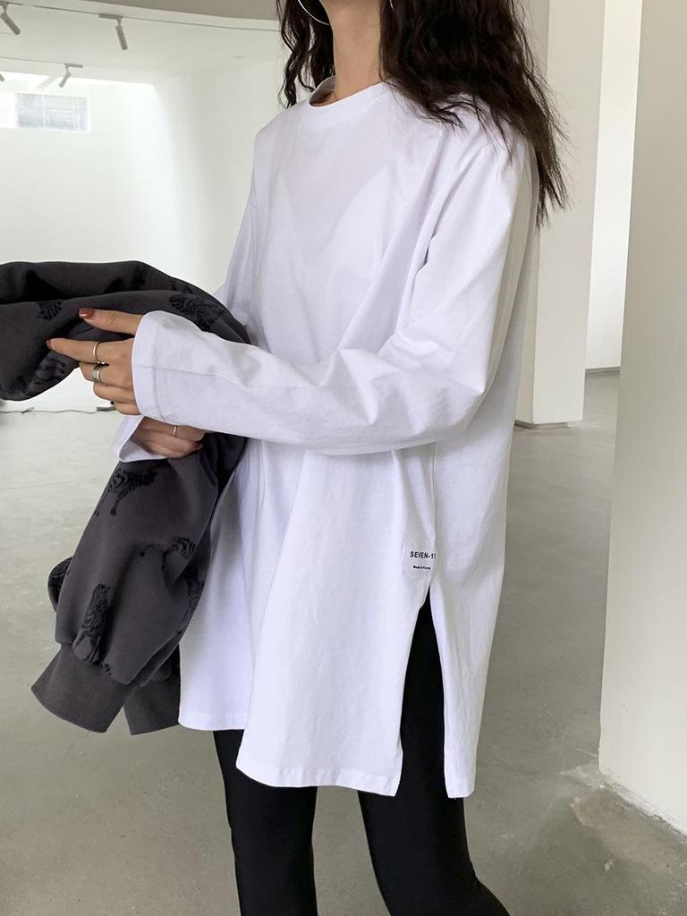 Осень 2025 г. Женская корейская однотонная футболка с длинными рукавами и разрезом - модный западный стиль