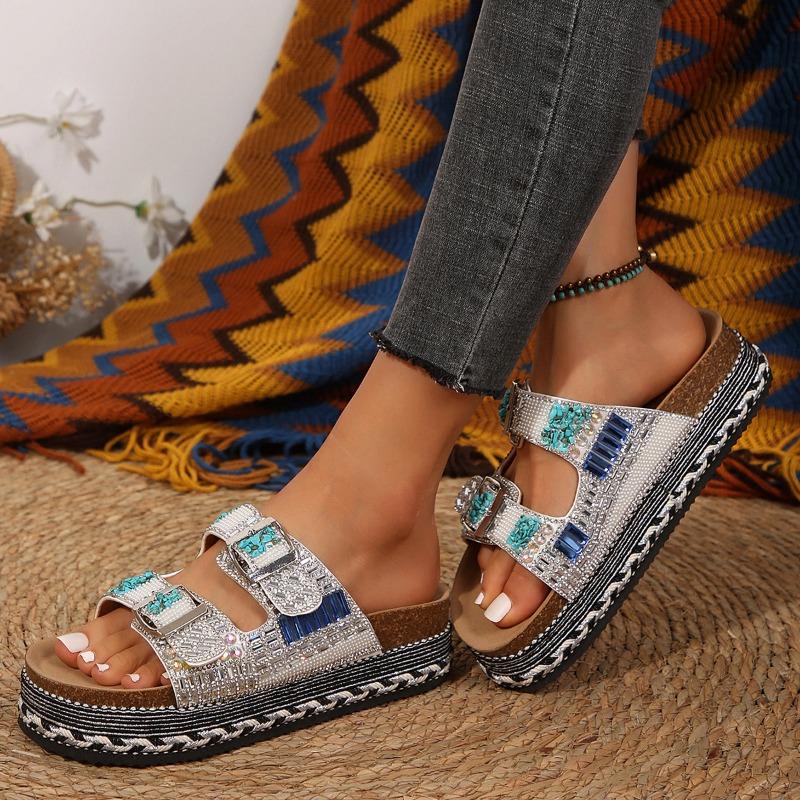 New Cross-border Foreign Trade Thick-soled Hemp Rope Double-buckle Rhinestone Cork Beach Slippers Large-size Women's Shoes