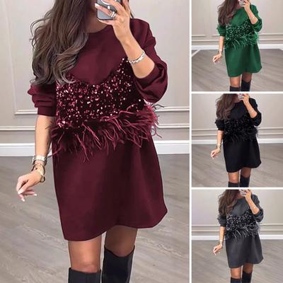 Весна Осень Женское Платье Блестки Перья Декор Искусственный Двухсекционный Круглый Вырез Длинные Рукава Эластичные Манжеты Длина Выше Колена Мини Платье