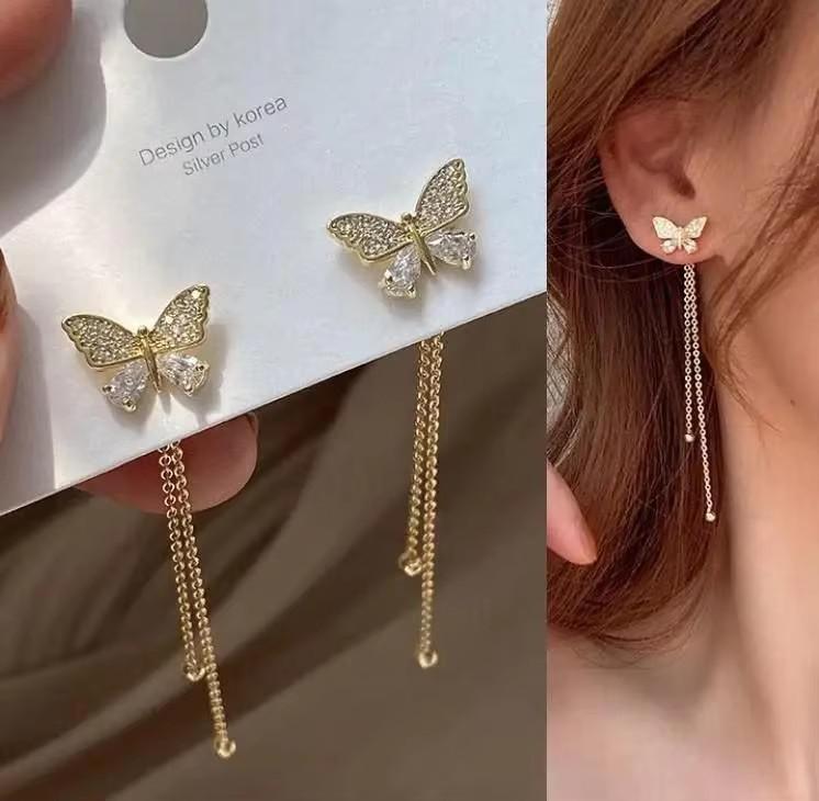 Серьги с длинной кисточкой из стерлингового серебра 925 пробы, зеленые и красные бабочки, для женщин, ювелирные изделия, модные, корейская мода, серьги-подвески с кристаллами