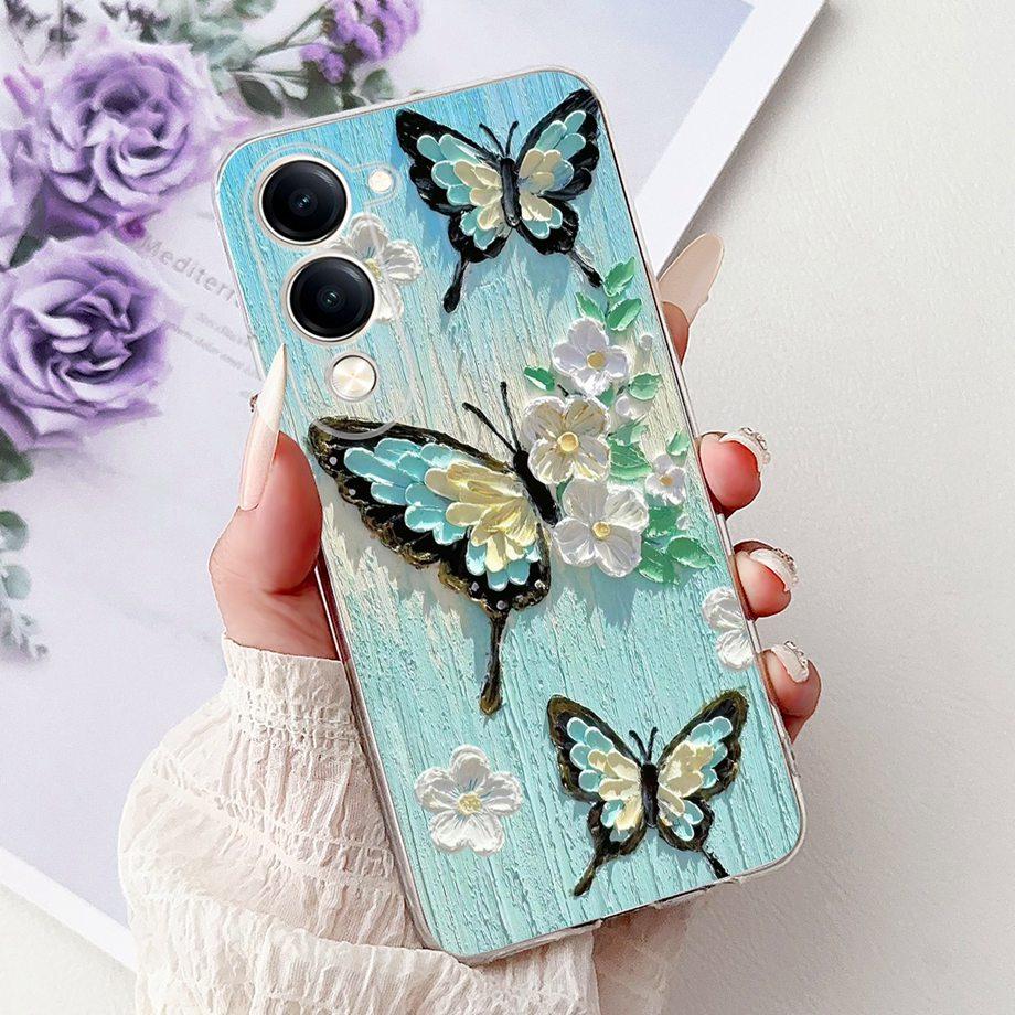 Для Vivo Y29s Y29 4G 5G / Vivo Y04 4G Задняя крышка Девчачий Модный Цветок Бабочка Рисунок Чехол Мягкий ТПУ Прозрачный Тонкий Силиконовый Чехол