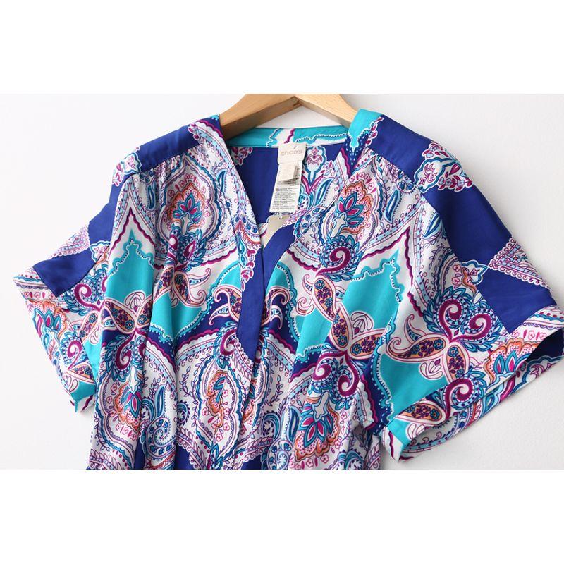Export Export Ethnic Print Crimp Stylish V Neck Short Sleeve Satin Chiffon Shirt Pure Color Acetate Tops