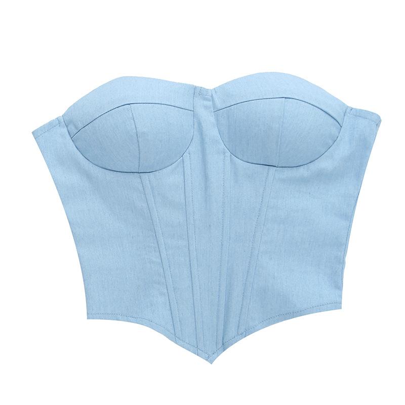 Женский модный топ с чашками из искусственного денима, топ Spice Girl с поясом на талии, топ с бюстом