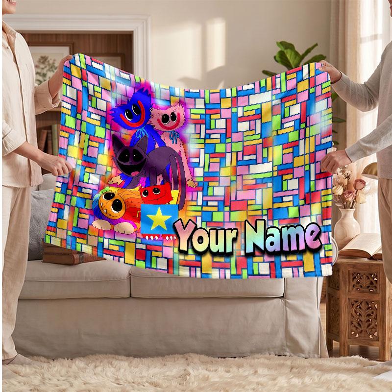 Poppy Playtime Personalized Flannel Blanket, Custom Printed Text Name, Warm Soft Blanket For Couch Bed