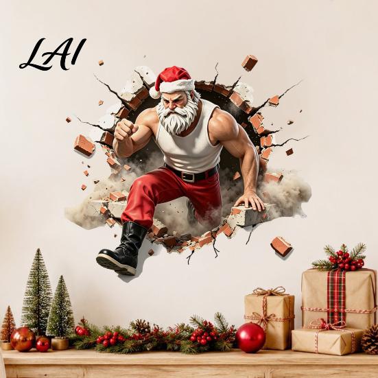 Seasonal Window Decorations Muscle Santa Claus Break Through Wall Christmas Decal 3D Cracked Brick Decals Self‑Adhesive Sticker Funny Mural